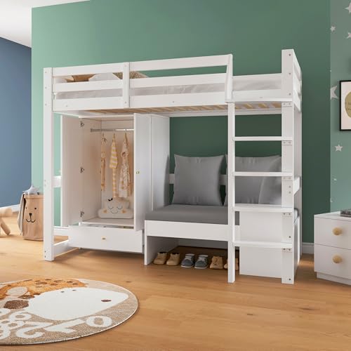 Physport Hochbett für Kinder,Multifunktionales Kinderbett, mit eine Leiter, mit Kleiderschrank, Sofa mit Stauraum, DREI Kissen und Auflagen, mit Ablageboden, ohne Matratze, Massivholz, weiß, 90 x 200 von Physport