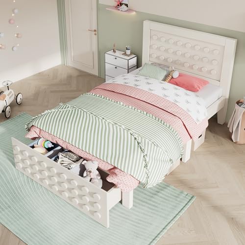 Physport Holzbett Einzelbett 90x190 cm, Kinderbett Jugendbett mit Kreativem Block Design, Massivholz Bettgestell mit Lattenrost, mit Schubladen & Unterm Bett Stauraum, Ohne Matratze, Weiß Physport Holzbett Einzelbett 90x190 cm, Kinderbett Jugendbett mit Kreativem Block Design, Massivholz Bettgestell mit Lattenrost, mit Schubladen & Unterm Bett Stauraum, Ohne Matratze, Weiß von Physport