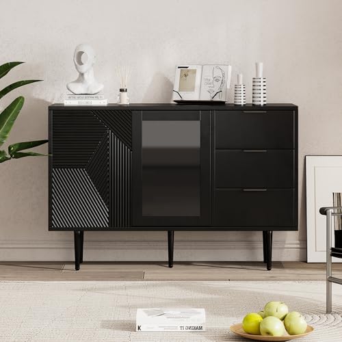 Physport Kommode mit 3 Schubladen und 2 Türen, mit Metalfüßen und Glastüren, Schwarz, Maße: 120 x 38 x 79.5 cm von Physport