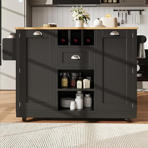 Physport Kücheninsel, Esszimmerwagen mit Arbeitsplatte, Buffetschrank, Esszimmerwagen mit Holzmaserung, seitlicher Handtuchhalter, mit Weinregal, mit Rollen, schwarz von Physport