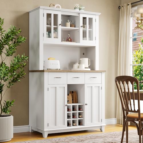 Physport Küchenschrank, Hochschrank Küchenbuffet, Vitrinenschrank, Buffetschrank mit Verstellbaren Ablagen, Sideboard mit LED-Beleuchtung, Buffetschrank(weiße Schublade) von Physport