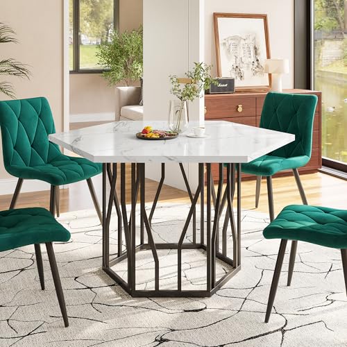 Physport Moderner sechseckiger Marmor-Esstisch, schwarzes Metallzweiggestell, Schlichter ästhetischer Couchtisch, geeignet für Esszimmer und Wohnzimmer von Physport