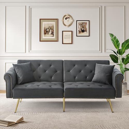 Physport Modernes 2-Sitzer-Schlafsofa – Samtbezug, Rückenlehne mit 3-stufiger Verstellung & vergoldete Metallfüße Stilvolles Sofa mit Schlaffunktion – platzsparend, ideal für kleine Räume, Antik Grau von Physport