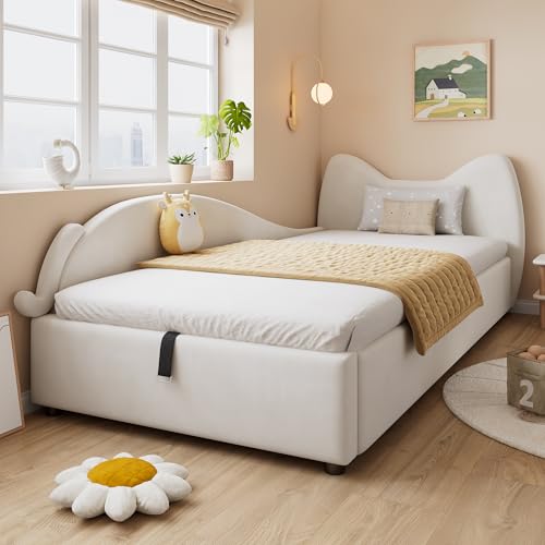 Physport Polsterbett, Einzelbett, Kinderbett, Niedliches Katzen-Design, Hydraulisches Bett mit Stauraum und Gurtgriffen, Stabile Lattenroste, Linke Seitenplatte, Samt, Beige, 90x200cm von Physport