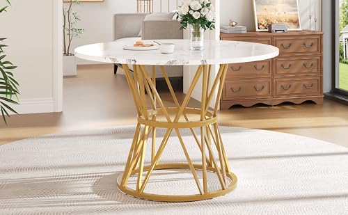 Physport Runder Esstisch, Küchen-Esstisch, runder Couchtisch für 4 Personen, geeignet für Esszimmer, Wohnzimmer, stilvolle Tischbeine aus Metall, Tischplatte aus MDF-Marmor, Gold von Physport