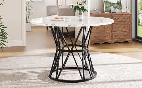 Physport Runder Esstisch, Küchen-Esstisch, runder Couchtisch für 4 Personen, geeignet für Esszimmer, Wohnzimmer, stilvolle Tischbeine aus Metall, Tischplatte aus MDF-Marmor, schwarz von Physport