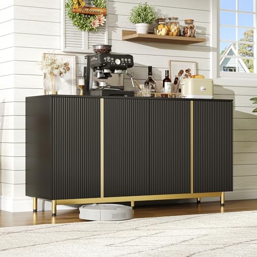 Physport Sideboard, 150 cm, Buffetschrank mit wellenförmigen, geriffelten Türen, verstellbaren Metallfüßen, modernem Esstisch, kippsicher, geeignet für Esszimmer, Küche und Wohnzimmer – schwarz von Physport