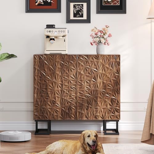 Physport Sideboard Kommode 80×40×78 cm – Blattpoesie Serie–Dunkle Walnussoptik mit Blattrelief–Push-to-Open Türen, Metallfüße–Modernes Design für Wohnzimmer & Flur von Physport