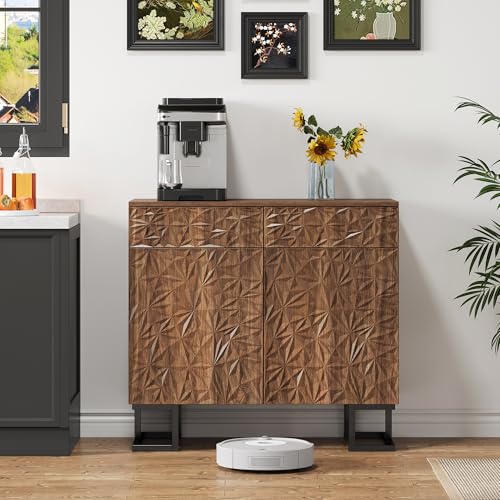 Physport Sideboard Kommode 80×40×78cm–Serie Blattpoesie–Dunkle Walnussoptik mit Blätterrelief–Metallbeine,2 Schubladen&2 Türen–Grifflose Anrichte für Wohnzimmer&Esszimmer von Physport