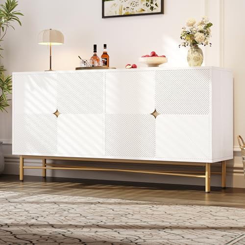 Physport Sideboard mit Erhabener Textur 160cm, Schrank mit Vier Türen Goldene Gebürstete Griffe und Hochglanz Tischbeine, Weiß,160×40×82cm von Physport