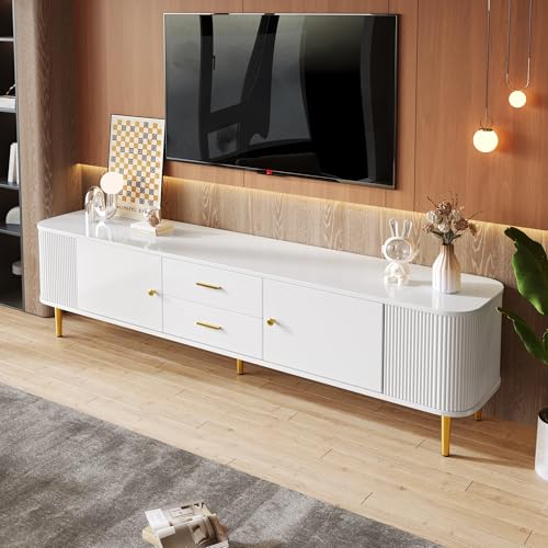 Physport TV-Schrank mit Schubladen, geschwungenen Ecken, Wohnzimmer-TV-Schrank mit gewellten Seiten, goldenen Griffen und Beinen Physport TV-Schrank mit Schubladen, geschwungenen Ecken, Wohnzimmer-TV-Schrank mit gewellten Seiten, goldenen Griffen und Beinen von Physport