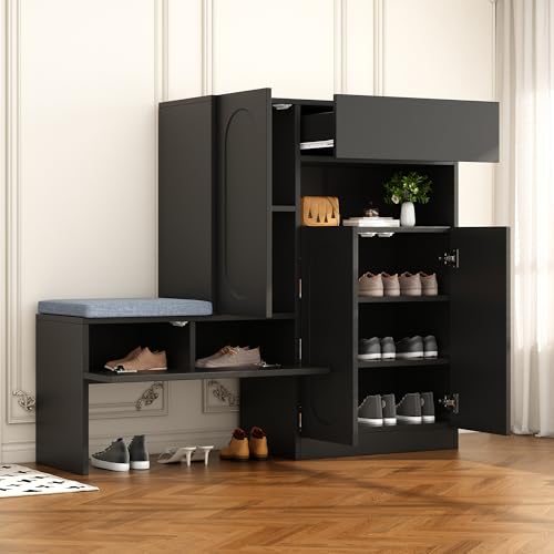 Physport Trendiger 2-in-1 Schuhschrank mit gewölbten Türen – Klapptür mit Soft-Close-Funktion, höhenverstellbaren Fächern und gepolsterter Sitzbank, Schwarz, 130×35×110cm von Physport