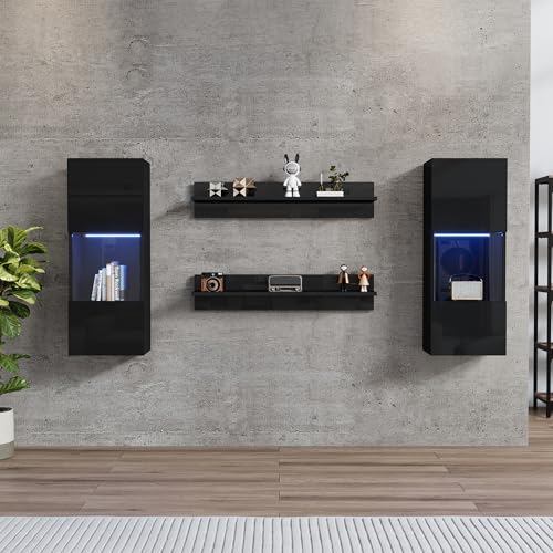 Physport Wandregal 4er Sett, LED-Wandschrank und 2 Regale – Smarte APP-gesteuerte Beleuchtung,und Türen aus gehärtetem Glas, für Wohnzimmer, TV-kompatibel, TV-Schrank-Set, Schwarz Physport Wandregal 4er Sett, LED-Wandschrank und 2 Regale – Smarte APP-gesteuerte Beleuchtung,und Türen aus gehärtetem Glas, für Wohnzimmer, TV-kompatibel, TV-Schrank-Set, Schwarz von Physport