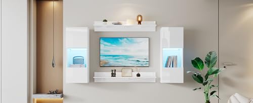 Physport Wandregal 4er Sett, LED-Wandschrank und 2 Regale – Smarte APP-gesteuerte Beleuchtung,und Türen aus gehärtetem Glas, für Wohnzimmer, TV-kompatibel, TV-Schrank-Set, Weiß Physport Wandregal 4er Sett, LED-Wandschrank und 2 Regale – Smarte APP-gesteuerte Beleuchtung,und Türen aus gehärtetem Glas, für Wohnzimmer, TV-kompatibel, TV-Schrank-Set, Weiß von Physport