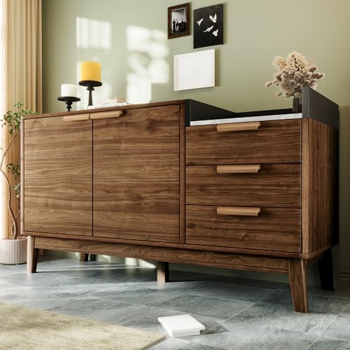 Physport Wohnzimmer Kommode in Eiche Dekor mit Marmor-Optik Platte - Offene Ablage + 3 Schubladen & Doppeltürschrank (innen höhenverstellbar) - Massivholzbeine & kehrroboterfähig, H77/B120/T40 cm von Physport