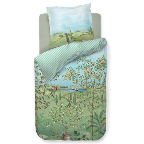 Pip Studio Bettwäsche La Campagna Grün Perkal Landschaft Natur Bäume See Boote Streifen Wendeoptik, Größe:155 cm x 220 cm von Pip Studio