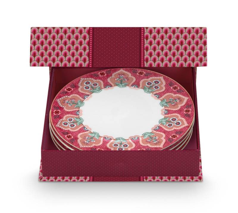 PiP Studio Teller-Set Flower Festival Deco Frühstücksteller dark pink 21cm Set4, Porcelain, Set/4 Plates Flower Festival Deco Dark Pink 21cm von PiP Studio
