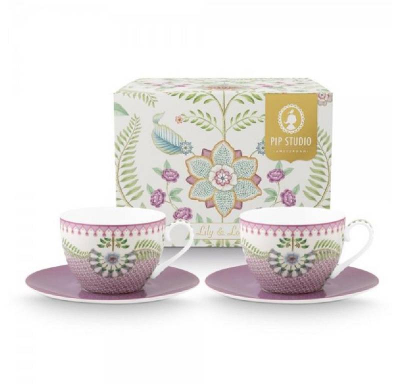 PiP Studio Geschirr-Set Cappuccinotasse mit Untertasse Set Lily & Lotus Tiles Lila (280ml) (4- von PiP Studio