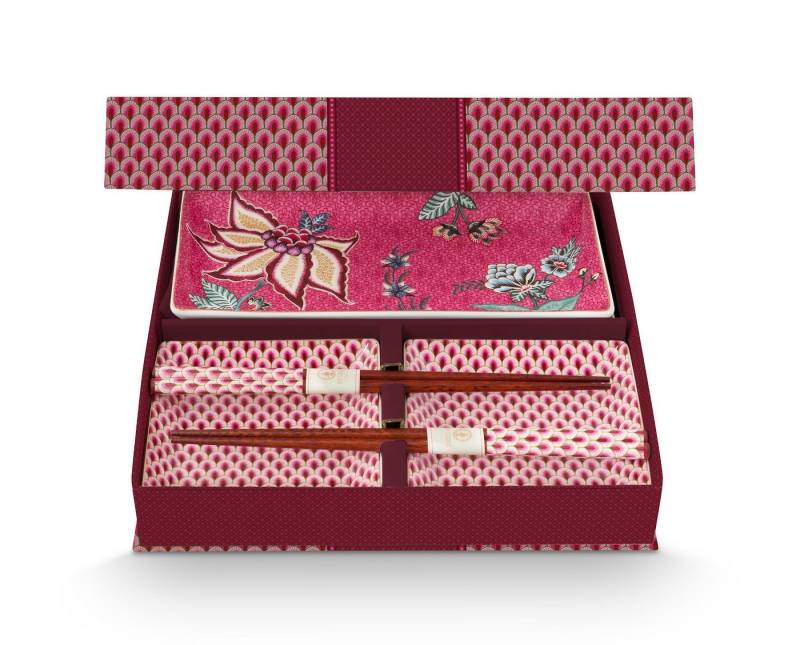 PiP Studio Geschirr-Set Flower Festival Oriental Geschenkset quadratisch dark pink 6tlg, Porcelain, Giftset Square Oriental Flower Festival Dark Pink von PiP Studio