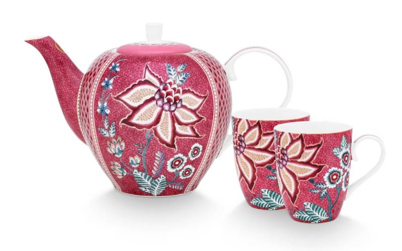 PiP Studio Teeservice Flower Festival Teeset large dark pink Set3, Porcelain, Set/3 Tea Set Large Flower Festival Dark Pink von PiP Studio