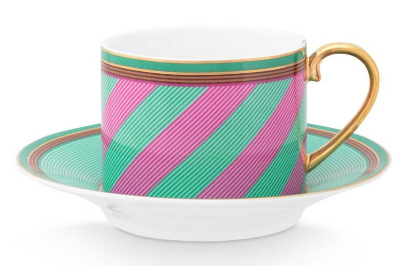 PiP Studio Tasse Chique Stripes Tasse mit Untertasse pink-green 220ml, Bone China, Cup & Saucer Chique Stripes Pink-Green 220ml von PiP Studio