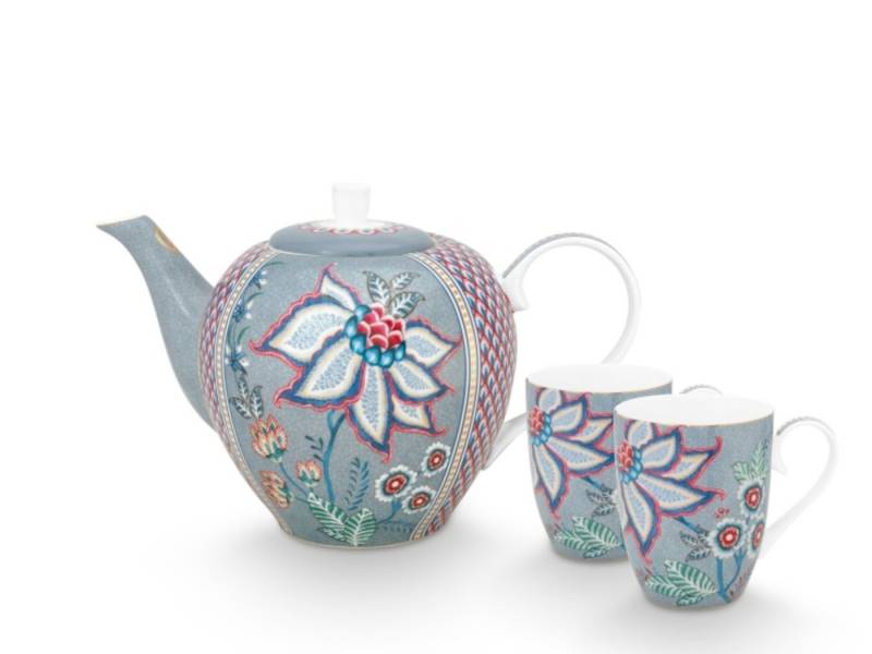 PiP Studio Teeservice Flower Festival Teeset Light Blue Set3, Porcelain, Set/3 Tea Set Large Flower Festival Light Blue von PiP Studio