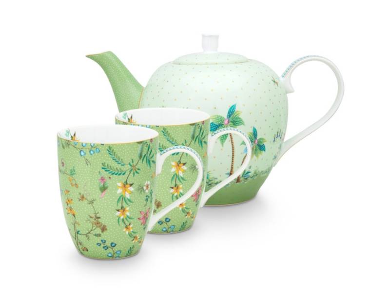 PiP Studio Teeservice Jolie Flowers Green Teeset groß Set3, Porcelain, Set/3 Tea Set Large Jolie Flowers Green von PiP Studio