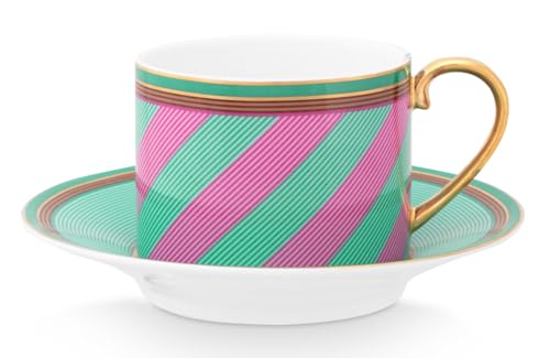 Pip Studio Chique Stripes Tasse mit Untertasse pink-Green 220ml von Pip Studio