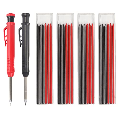 2 Stück Tischler Bleistift Set, Mechanische Zimmermannsbleistifte Set, Tieflochmarker Bleistift mit 24 Bleistiftminen, Baustellen Stift Solide Zimmermannsbleistifte für Baustelle Winkel Speedmarker von Piacolnic