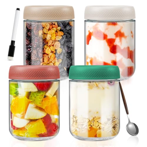 4 Meal Prep Gläser, 500ml Einmachgläser mit Schraubdeckel Overnight Oats Gläser, dessertgläser mit deckel, für porridge glas, joghurt gläser, frühstücksgläser mit der Löffel & Stift von Piashow
