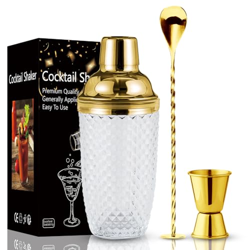 Cocktail Shaker, Cocktail Set Geschenk, 400ml Cocktail Glas-Mixer Set, Cocktail Set Geschenk, Klarglas Gold Cocktail Shaker Mixer Set mit Edelstahl Lecksicher Messbecher-Deckel & Sieb & Barlöffel von Piashow