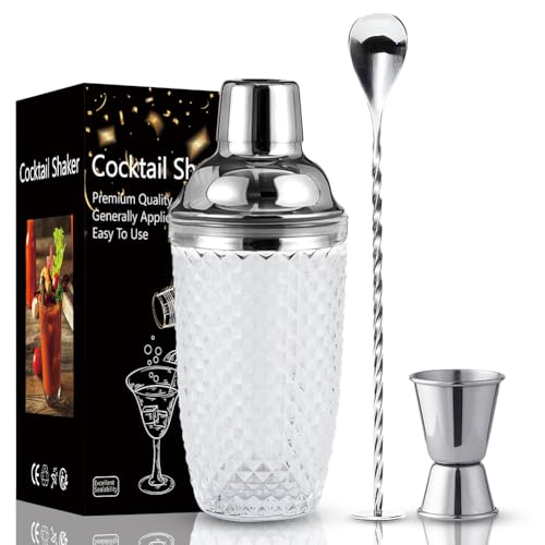 Cocktail Shaker, Cocktail Set Geschenk, 400ml Cocktail Glas-Mixer Set, Cocktail Set Geschenk, Klarglas Gold Cocktail Shaker Mixer Set mit Edelstahl Lecksicher Messbecher-Deckel & Sieb & Barlöffel von Piashow