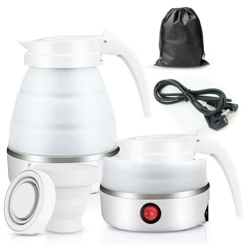Faltbarer Wasserkocher, Piashow 600ml Camping Wasserkocher Mini Reisewasserkocher Faltbar Silikon Wasserkessel mit 2 Faltbecher, Reise Wasserkocher Faltbar Elektrisch Klein für Camping, Reise, Outdoor von Piashow