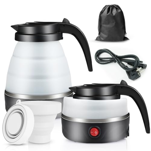 Faltbarer Wasserkocher, Piashow 600ml Camping Wasserkocher Mini Reisewasserkocher Faltbar Silikon Wasserkessel mit 2 Faltbecher, Reise Wasserkocher Faltbar Elektrisch Klein für Camping, Reise, Outdoor von Piashow