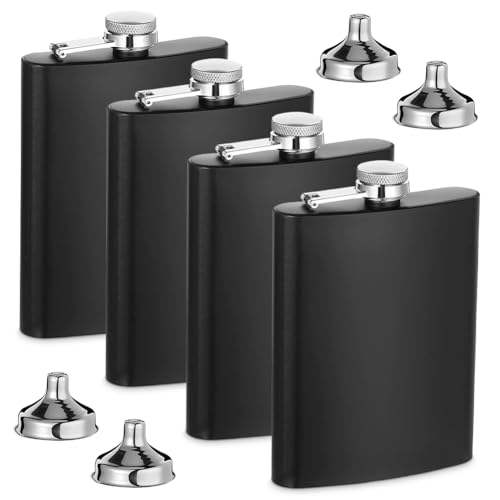 Flachmann Edelstahl mit Trichter, 8oz. 227 ml Tragbarer Taschenflachmann für Männer, Frauen, Camping, Wandern (4 Pack) von Piashow