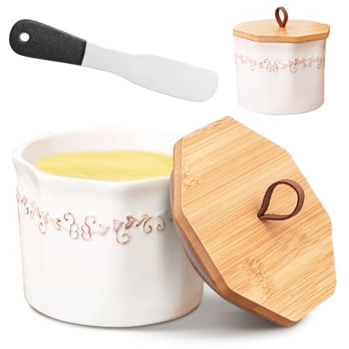 Butterdose Keramik mit Deckel, Butterglocke Einmachglas-Stil, Französische Butterdose für Frisch Aromatisierte Butter, Weiß, Mit Butterspachtel von Piashow