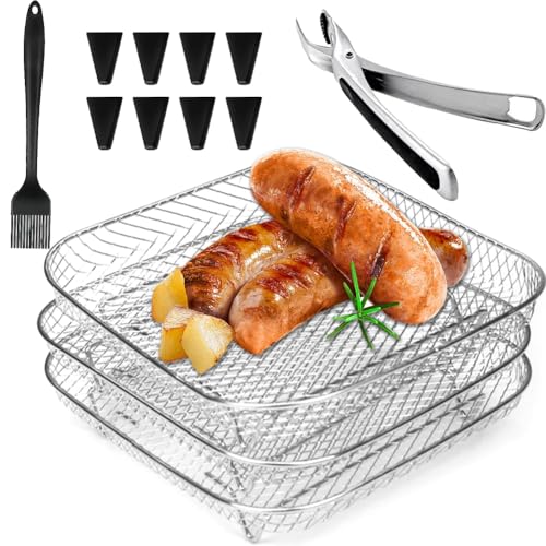 3 Layers Gitter für Heißluftfritteuse, Lebensmittelechtes Edelstahl Körbe für Airfryer mit Anti-Verbrühungs-Clips, Ölbürste und 8 Silikonfüßen, für Double Drawer Fryers 3 Layers Gitter für Heißluftfritteuse, Lebensmittelechtes Edelstahl Körbe für Airfryer mit Anti-Verbrühungs-Clips, Ölbürste und 8 Silikonfüßen, für Double Drawer Fryers von Piashow