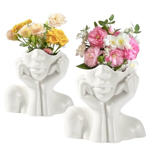 Körper Kunst Gesicht Blumentopf (2er-Pack) – Deko Vasen Set aus Keramik für Pampasgras Groß & Blumenvase Klein – Body Vase & Tischdeko – Einzigartiges Vasen Set Weiß mit Kopf-Gesicht Design von Piashow