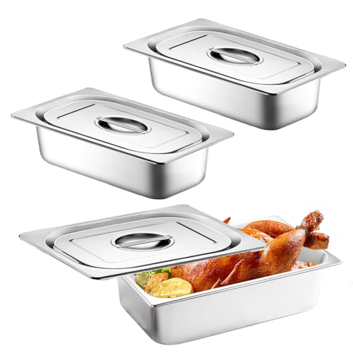 Panierschalen Set 3-teilig, Gastro Behälter Rechteckig, GN Behälter Edelstahl Behälter mit Deckel Gastronormbehälter Lebensmittelqualität Zutatenbehälter (32.5X17.5X6.5CM) von Piashow