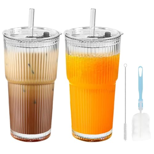 Piashow 2 Stück Trinkbecher mit Deckel und Strohhalm, Bubble Tea Becher Matcha Glas Kaffee Gläser Glasbecher, Glas Smoothie Becher für Eiskaffee Matcha,Cocktail,Saft,Cappuccino,Latte,Tee (600ml) von Piashow