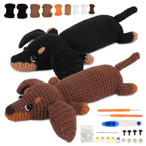 Piashow 2PC Dackel-Hunde, Häkelset für Anfänger, Schritt für Schritt Video Häkeln lernen Starter Kit Tier Set Anfänger Häkelset, Häkeln Tier Kit Komplett Dackel Hund Häkeln mit Garn Haken Nadeln von Piashow