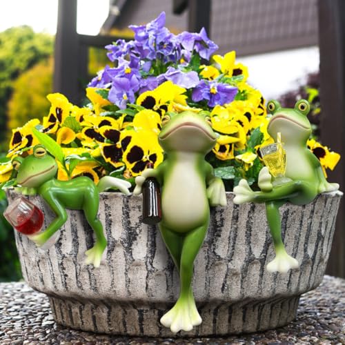 Piashow 3 Stück Frosch Blumentopf Hänger mit Weinglas – Lustige Frosch Deko Figuren für Garten & Balkon – Grüne Harz Frösche zum Aufhängen – Wetterfeste Mini Gartendeko für Außenbereich & Blumentöpfe von Piashow
