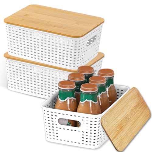 Piashow Aufbewahrungsbox mit Bambus Deckel,Kunststoff Korb Aufbewahrung,Klein 3 Stück 5L Aufbewahrungsbox,Stapelbare Aufbewahrungsboxen,für Regale, Schränke, Schränke und Zuhause (Weiß) von Piashow