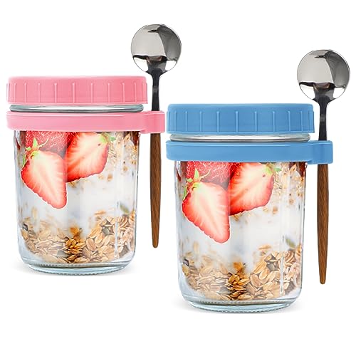 Piashow Glas Müslibecher to go mit Löffel, Joghurtbecher to go Joghurt Gläser mit Deckel 350ml Joghurtbecher Overnight Oats Gläser, Luftdicht Behälter für Müsli Milch Früchte (Rosa+Blau) von Piashow