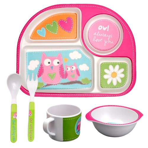 Piashow Kindergeschirr Set, 5er Sturzfest Geschirr-Set mit Kinderteller, Schale, Becher, Löffel, Gabel, Geschirr BPA-frei für Kinder ab 6 Monaten, Spülmaschinenfest (Rosa Eule) von Piashow