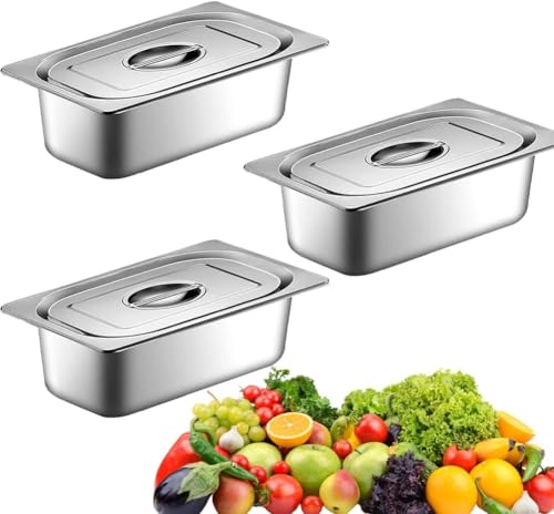 Piashow Panierschalen Set 3-teilig, GN Behälter, Edelstahl Behälter mit Deckel, Gastro Behälter Zutatenbehälter Panierstraße, Hitzebeständiger (17,5 x 11 x 10 cm) von Piashow