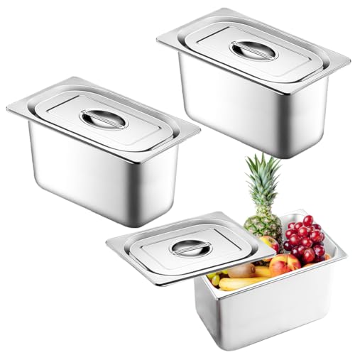 Piashow Panierschalen Set 3-teilig, Gastro Behälter Rechteckig, GN Behälter Edelstahl mit Deckel Gastronormbehälter Lebensmittelqualität Zutatenbehälter (17.5X11X10CM) von Piashow
