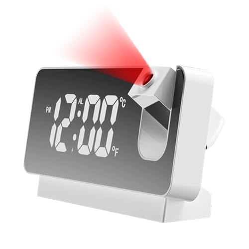 Piashow Projektion Digitaler Wecker mit Große LCD-Display, Datum, Temperatur, USB-Wiederaufladbarer Digitalwecker, Projektionswecker mit Projektor (Weiß) von Piashow