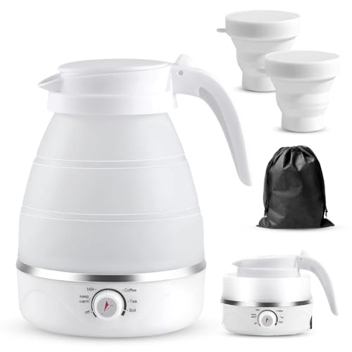 Reise Wasserkocher mit Temperatureinstellung, 600ml Reisewasserkocher Mini Wasserkocher Weiß, Faltbarer Wasserkocher aus Silikon, Camping Wasserkocher mit 2 Faltbecher, für Camping, Reise, Outdoor von Piashow