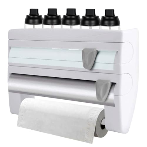 Schneidemaschine für Frischhaltefolie,3-in-1 Küchenrollenhalter Wand | Magnetisch Alufolienspender & Frischhaltefolienspender mit Scharfem Messer | Aufgerüsteter Folienspender für Plastikfolie von Piashow